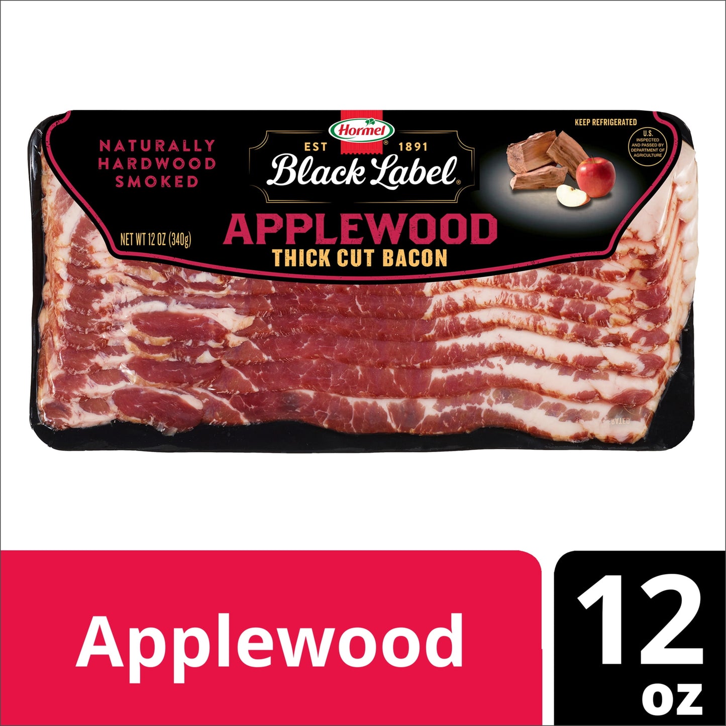 HORMEL BLACK LABEL Pork Bacon, Premium Applewood, 12 oz Plastic Package