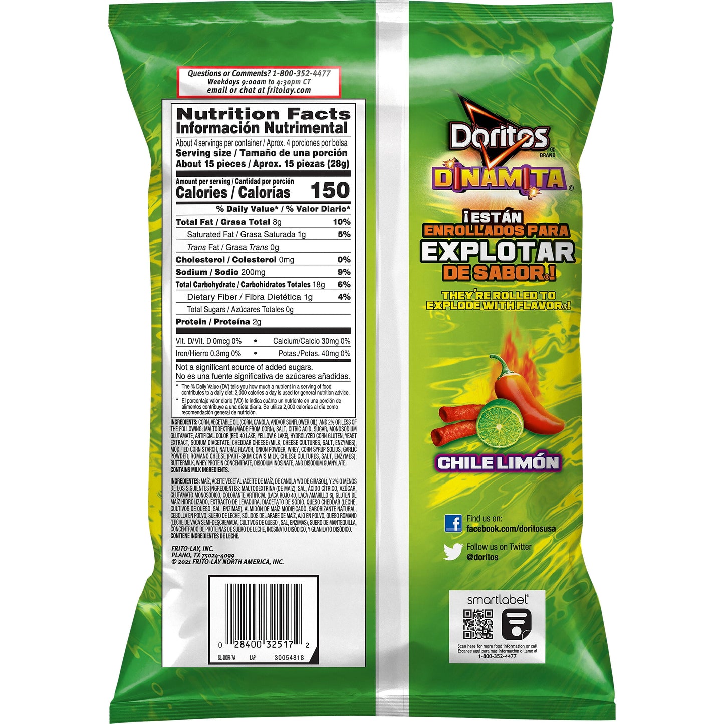 Doritos Dinamita Chile Limon Flavored Tortilla Snack Chips, 4 oz Bag