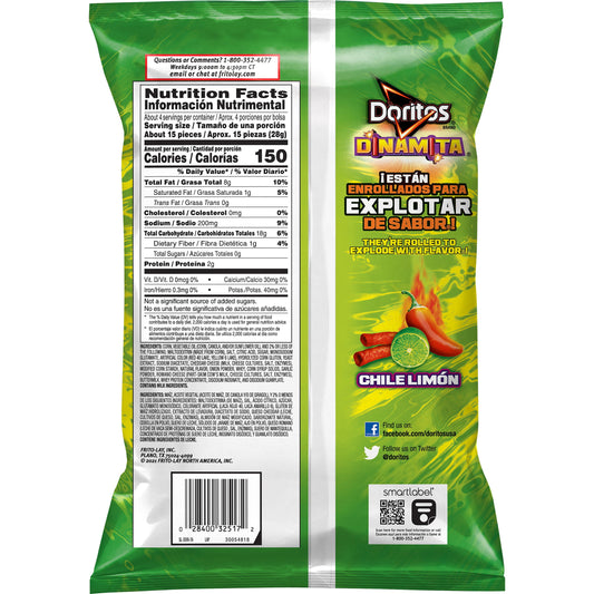 Doritos Dinamita Chile Limon Flavored Tortilla Snack Chips, 4 oz Bag