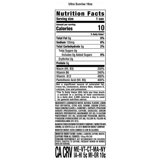 Monster Energy, Ultra Sunrise, Sugar Free Energy Drink, 16 fl oz, Single