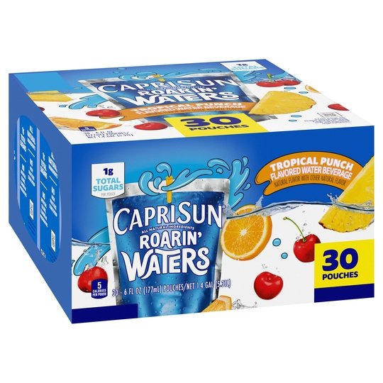 Capri Sun Roarin' Waters Tropical Tide Flavored Water Kids Drink Pouches, 30 Ct Box, 6 fl oz Pouches