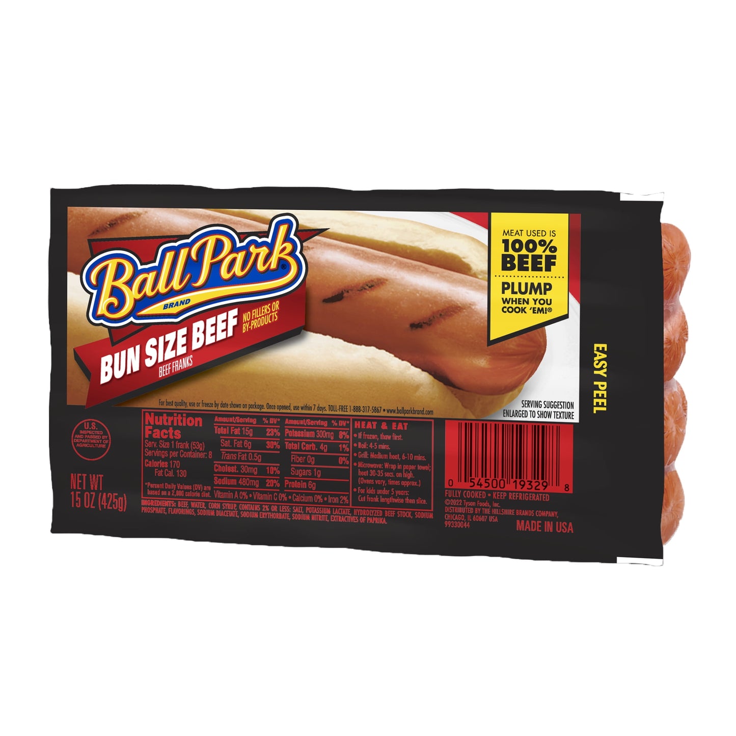 Ball Park Bun Length Beef Hot Dogs, 15 oz, 8 Count