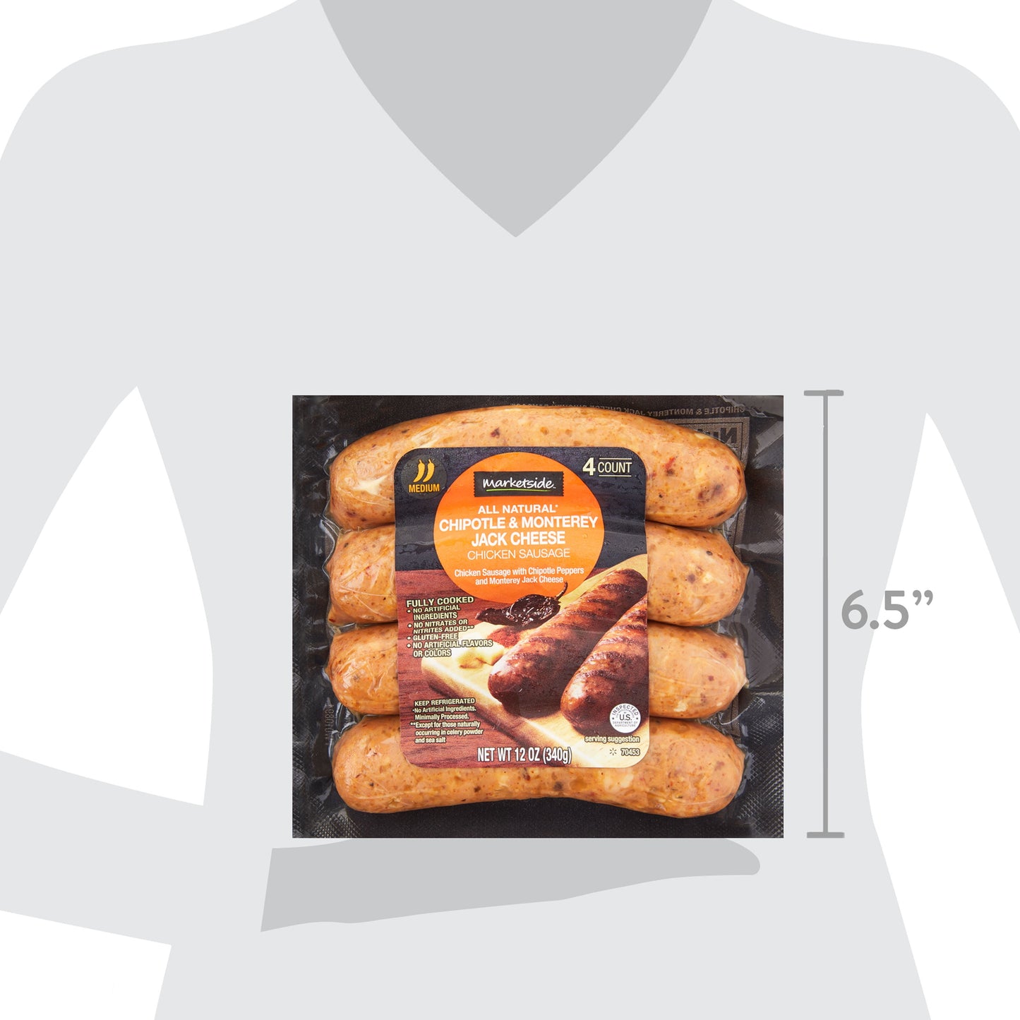 Marketside All Natural Fully Cooked Gluten Free Chipotle & Monterey Cheese Chicken Sausage 12oz, 4 Count, (Refrigerated), Plastic Film