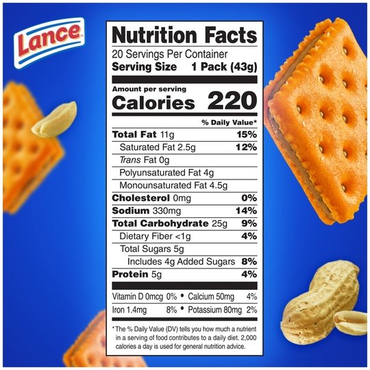 Lance Sandwich Crackers, ToastChee Peanut Butter, 20 Individually Wrapped Packs, 6 Sandwiches Each