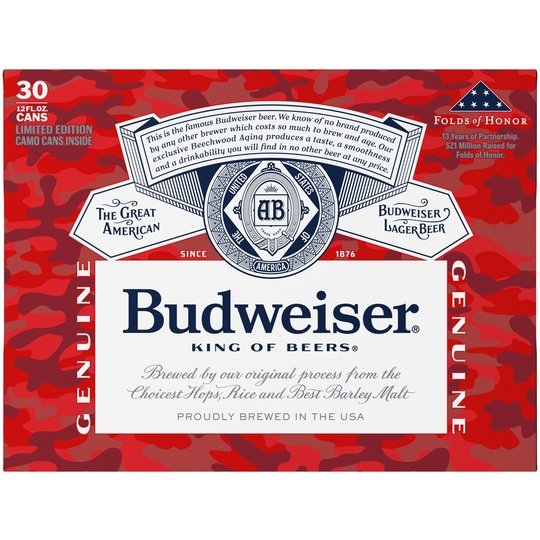 Budweiser Beer, 30 Pack Beer, 12 fl oz Aluminum Cans, 5 % ABV, Domestic Lager