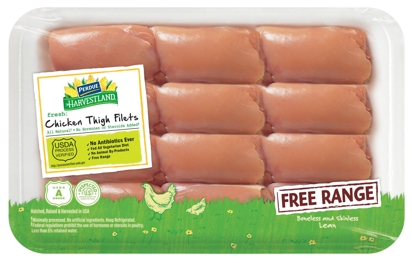 Perdue Harvestland, Free Range Boneless Chicken Thighs, 20g Protein 4oz Svg, 2.5-3.5 lb. Tray