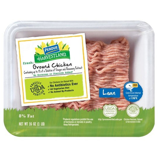 Perdue Harvestland, 92% Lean 8% Fat, Ground Chicken, 22g Protein, 4oz Svg., 1 lb. Tray (Raw)