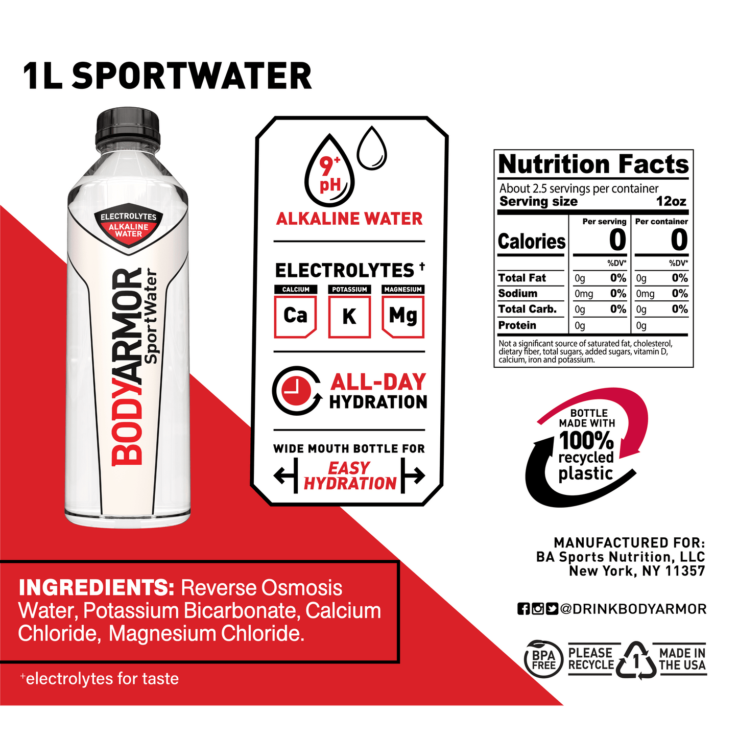 BODYARMOR SportWater, 1 Liter 6 Pack