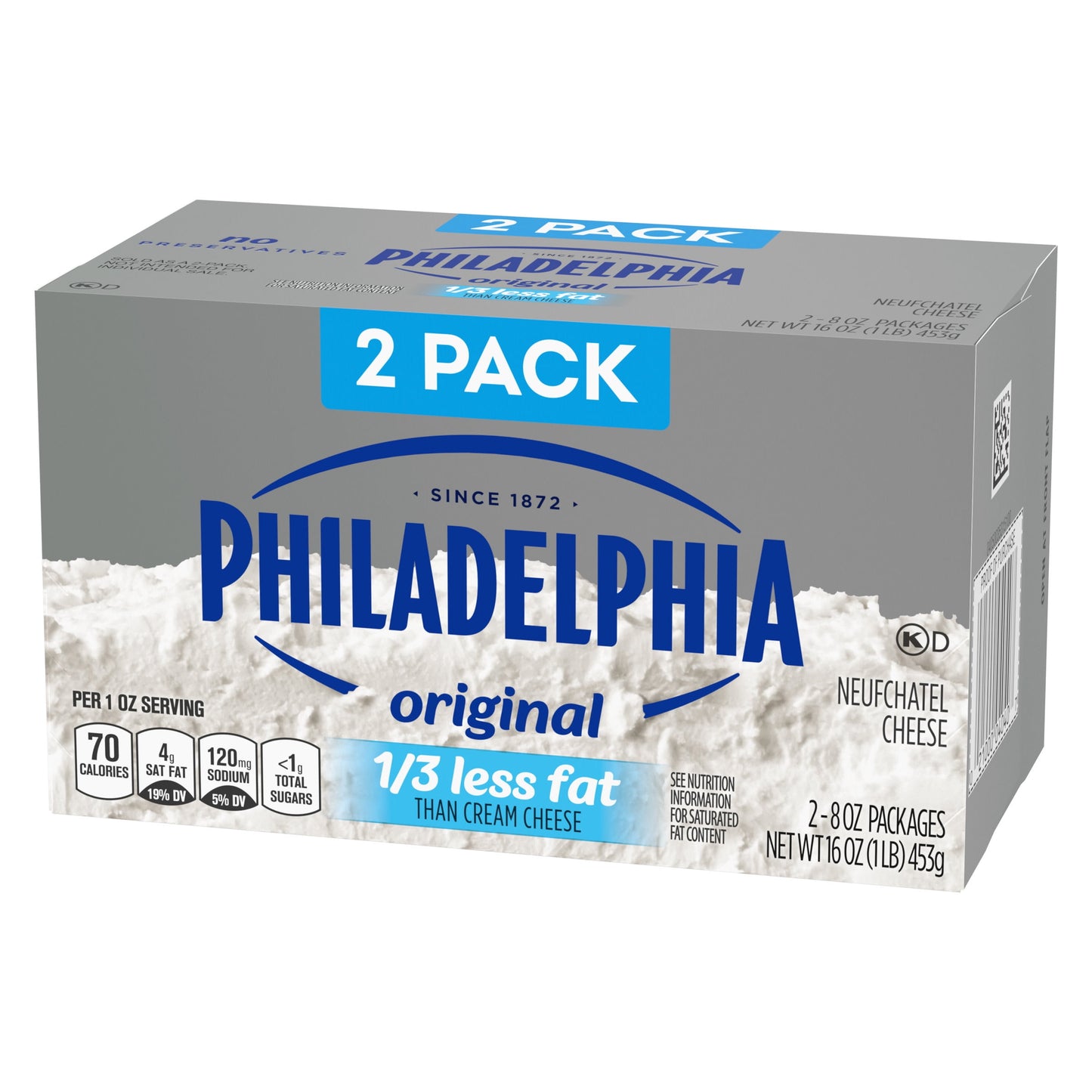 Philadelphia No Preservatives, 1/3 Fat Original Cream Cheese, 8 oz, 2 Count