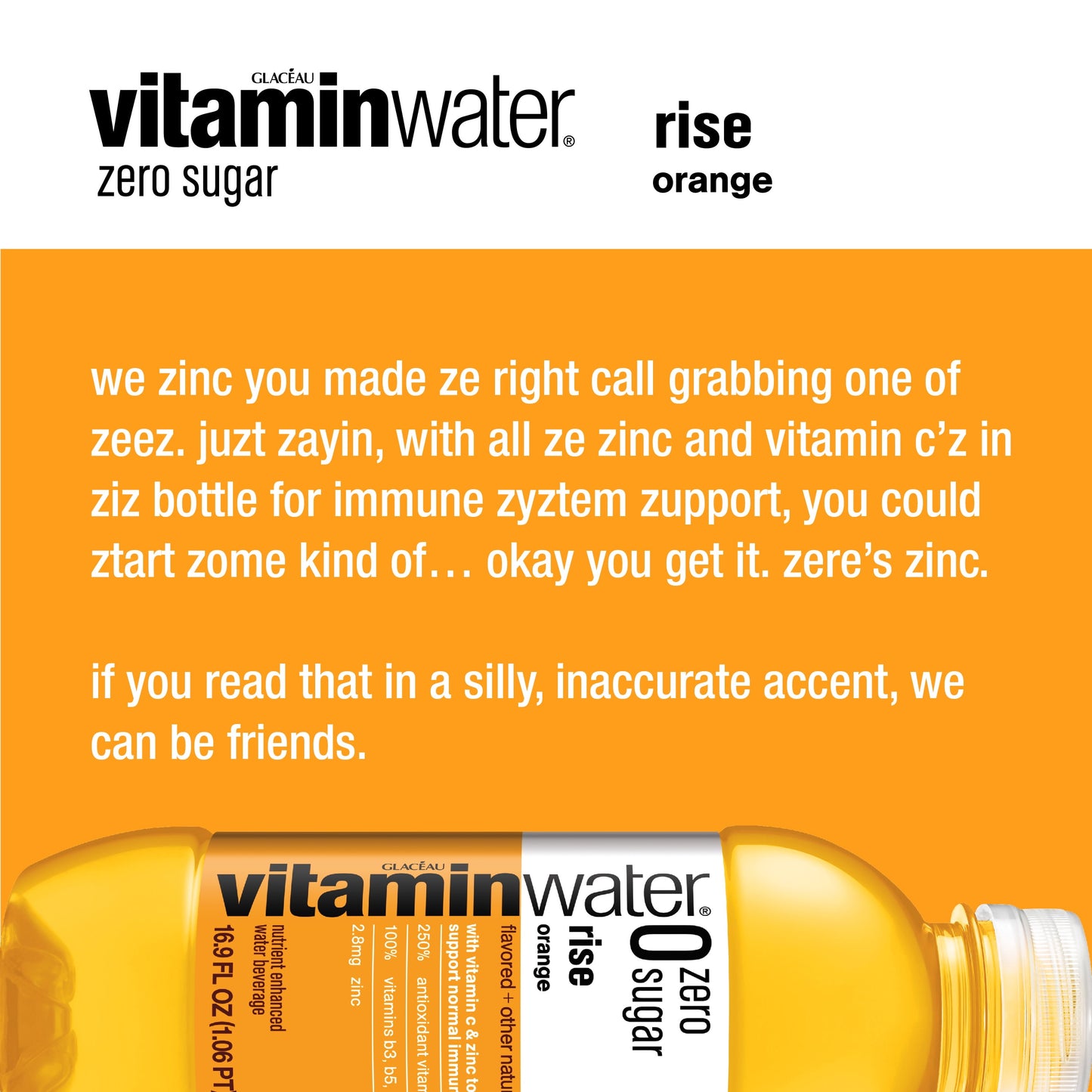 vitaminwater zero sugar rise electrolyte enhanced water, orange, 16.9 fl oz, 6 count bottles