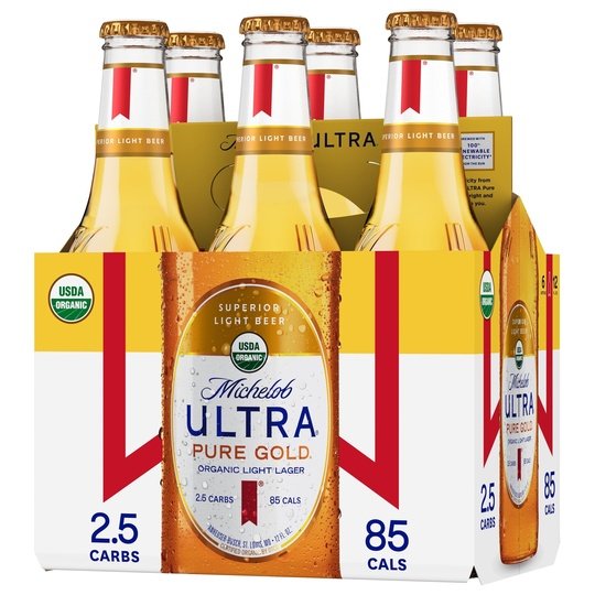 Michelob Ultra Pure Gold Organic Light Lager Beer, 6 Pack, 12 fl oz Bottles, 3.8% ABV, Domestic