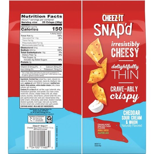 Cheez-It Snap'd Cheddar Sour Cream and Onion Cheese Cracker Chips, 7.5 oz