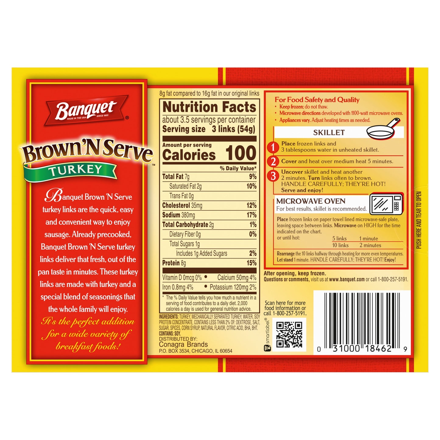 Banquet Brown 'N Serve Fully Cooked Turkey Sausage Links, 6.4 oz, 10 Ct (Frozen)