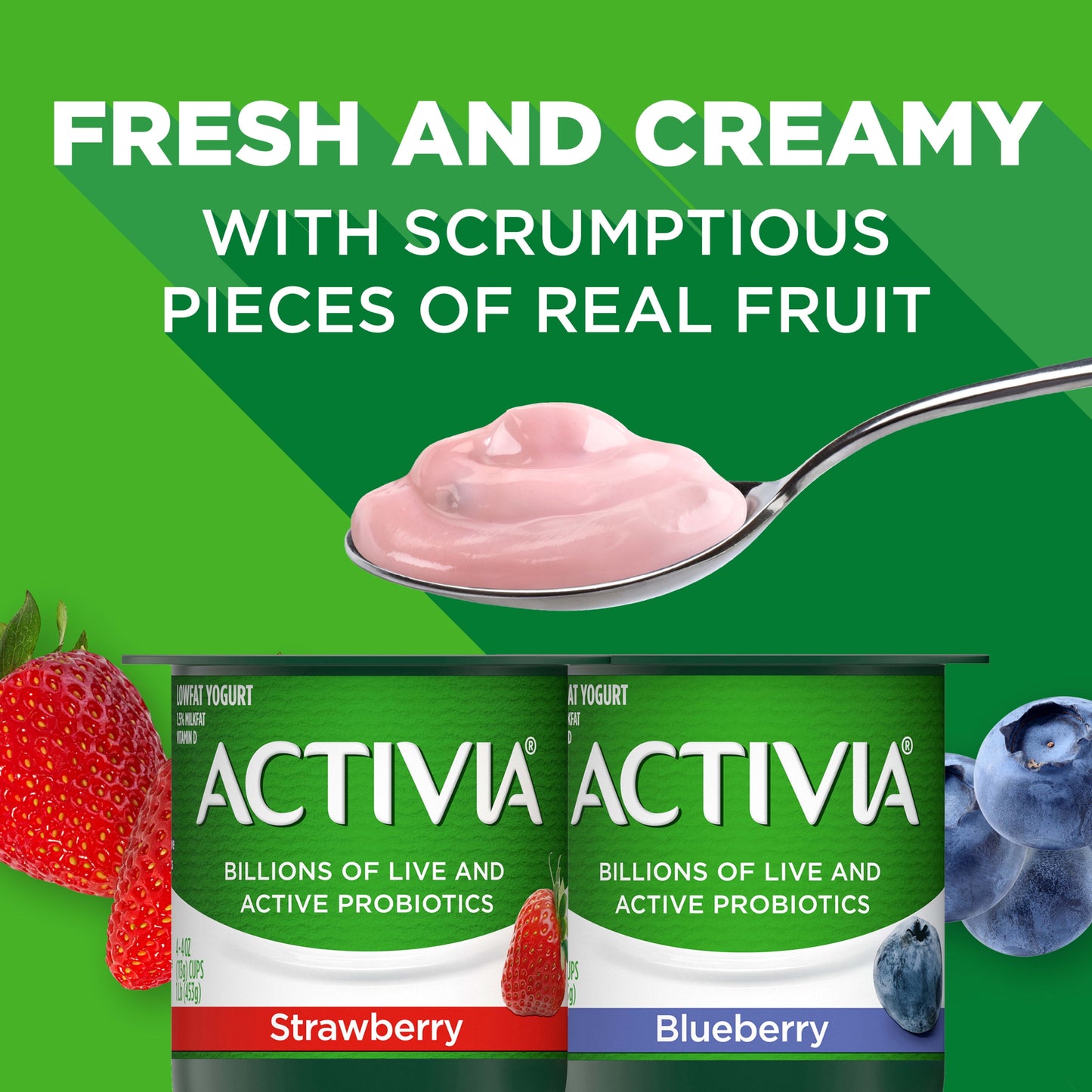 Activia Strawberry and Blueberry Probiotic Yogurt, Lowfat Yogurt Cups, 4 oz, 12 Count