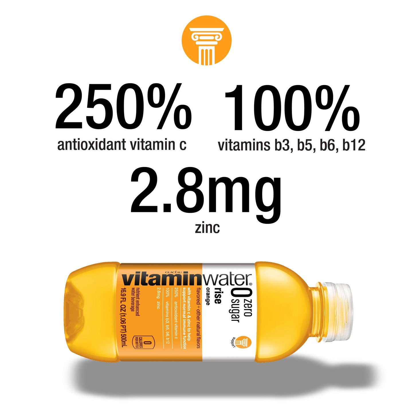 vitaminwater zero sugar rise electrolyte enhanced water, orange, 16.9 fl oz, 6 count bottles