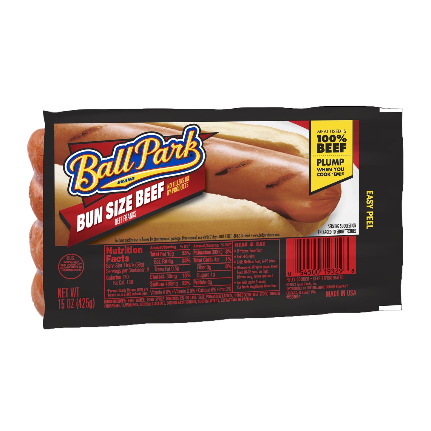 Ball Park Bun Length Beef Hot Dogs, 15 oz, 8 Count