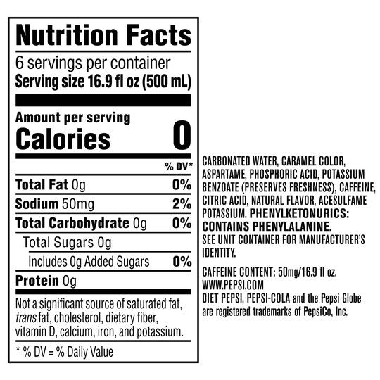 Diet Pepsi Soda, 16.9 oz Bottles, 6 Count