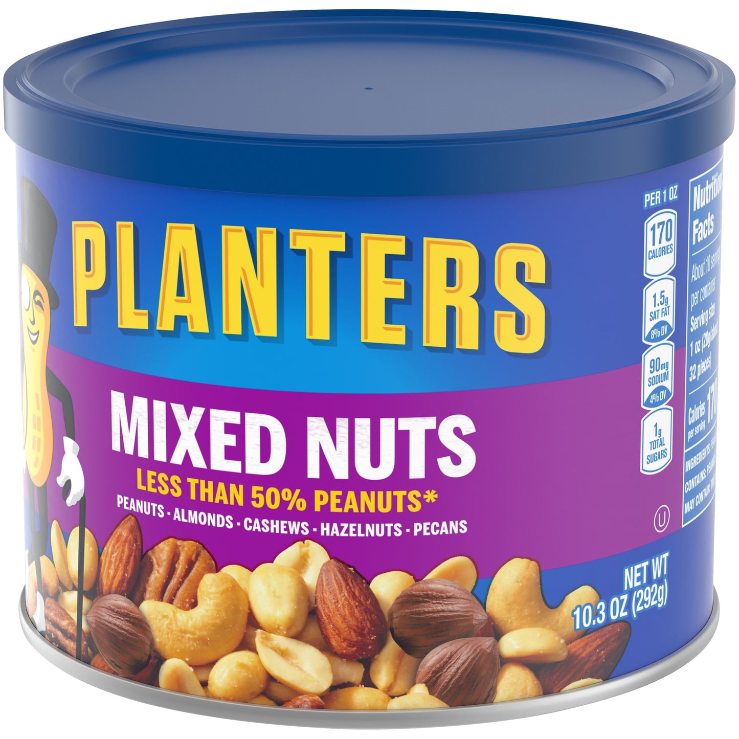 Planters Mixed Nuts Less Than 50% Peanuts with Peanuts, Almonds, Cashews, Hazelnuts & Pecans, 10.3 oz Canister